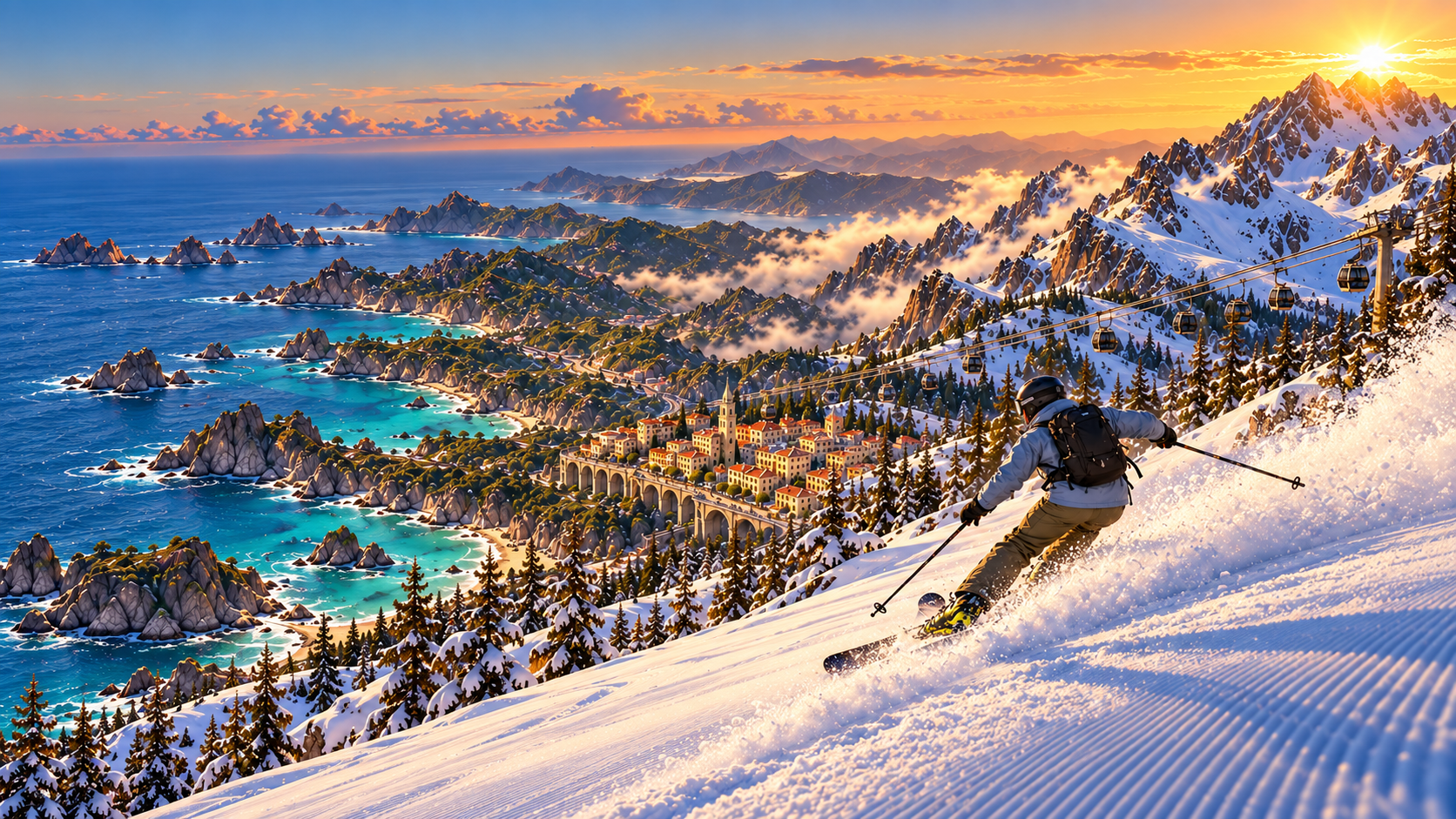 Snow-covered Alpine Crown above the coast